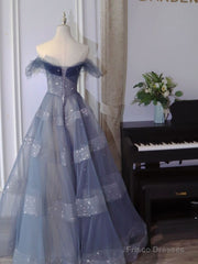 Off The Shoulder Blue Tulle A Line Long Prom Dress