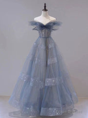 Off The Shoulder Blue Tulle A Line Long Prom Dress