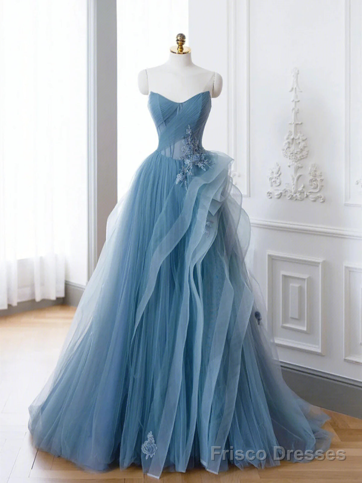 Off the Shoulder Blue Tulle Prom Dresses, Blue Tulle Floral Formal Evening Dresses Secondary image