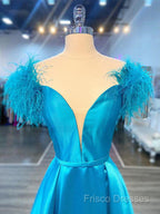 Off The Shoulder Blue V Neck Formal Prom Dress, Blue V Neck Long Formal Dress