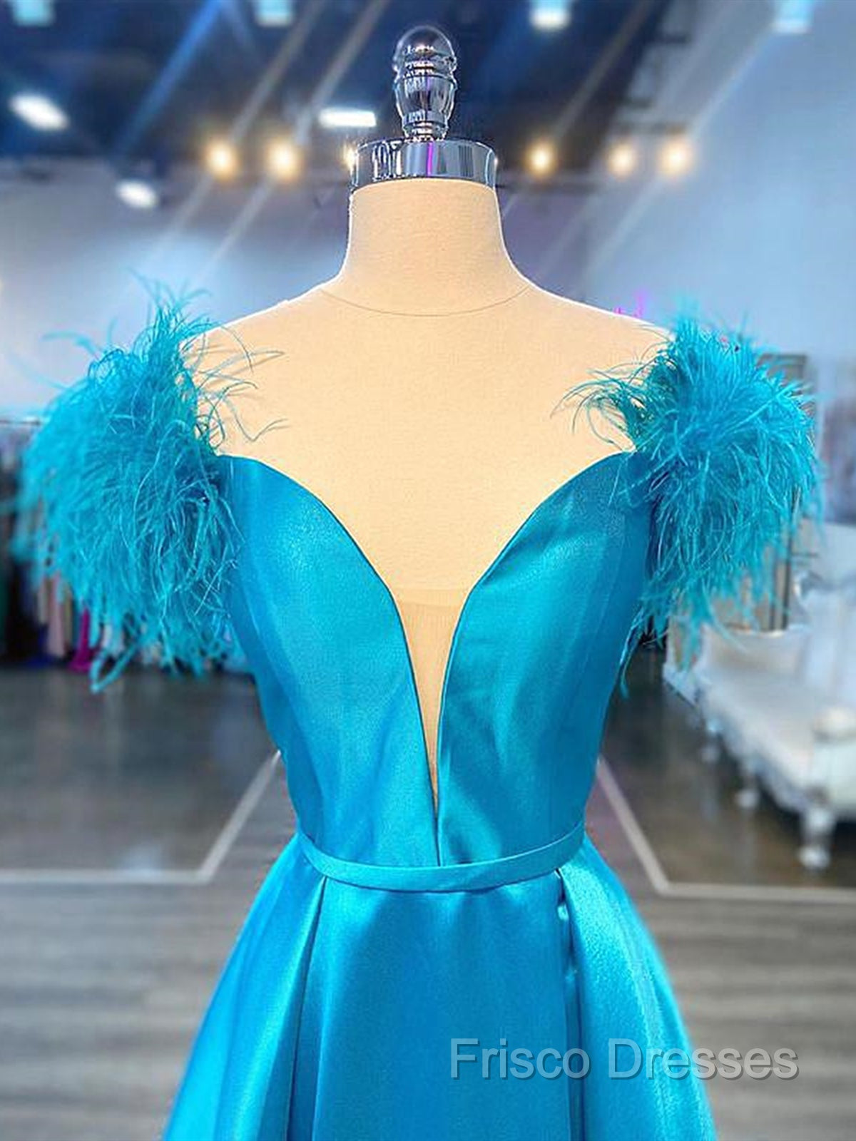Off The Shoulder Blue V Neck Formal Prom Dress, Blue V Neck Long Formal Dress