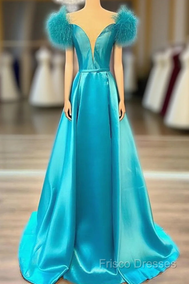 Off The Shoulder Blue V Neck Formal Prom Dress, Blue V Neck Long Formal Dress Main image