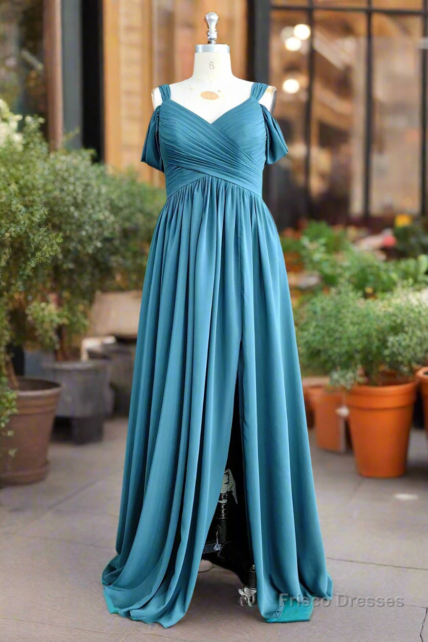 Off The Shoulder Bridesmaid Dresses For Women With Slit A Line Spaghetti Straps Long Chiffon Pleated Formal Evening Dress Main image
