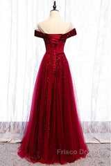 Off The Shoulder Burgundy Formal Long Formal Prom Dress A Line Velvet Evening Dress