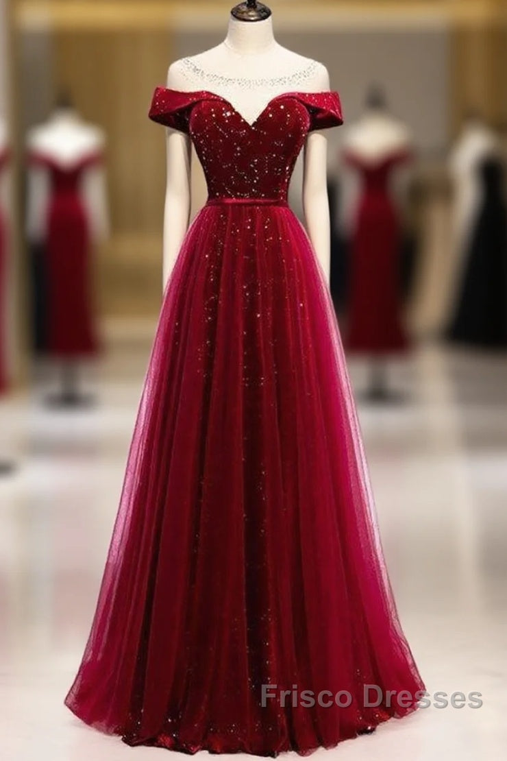 Off The Shoulder Burgundy Formal Long Formal Prom Dress A Line Velvet Evening Dress Main image