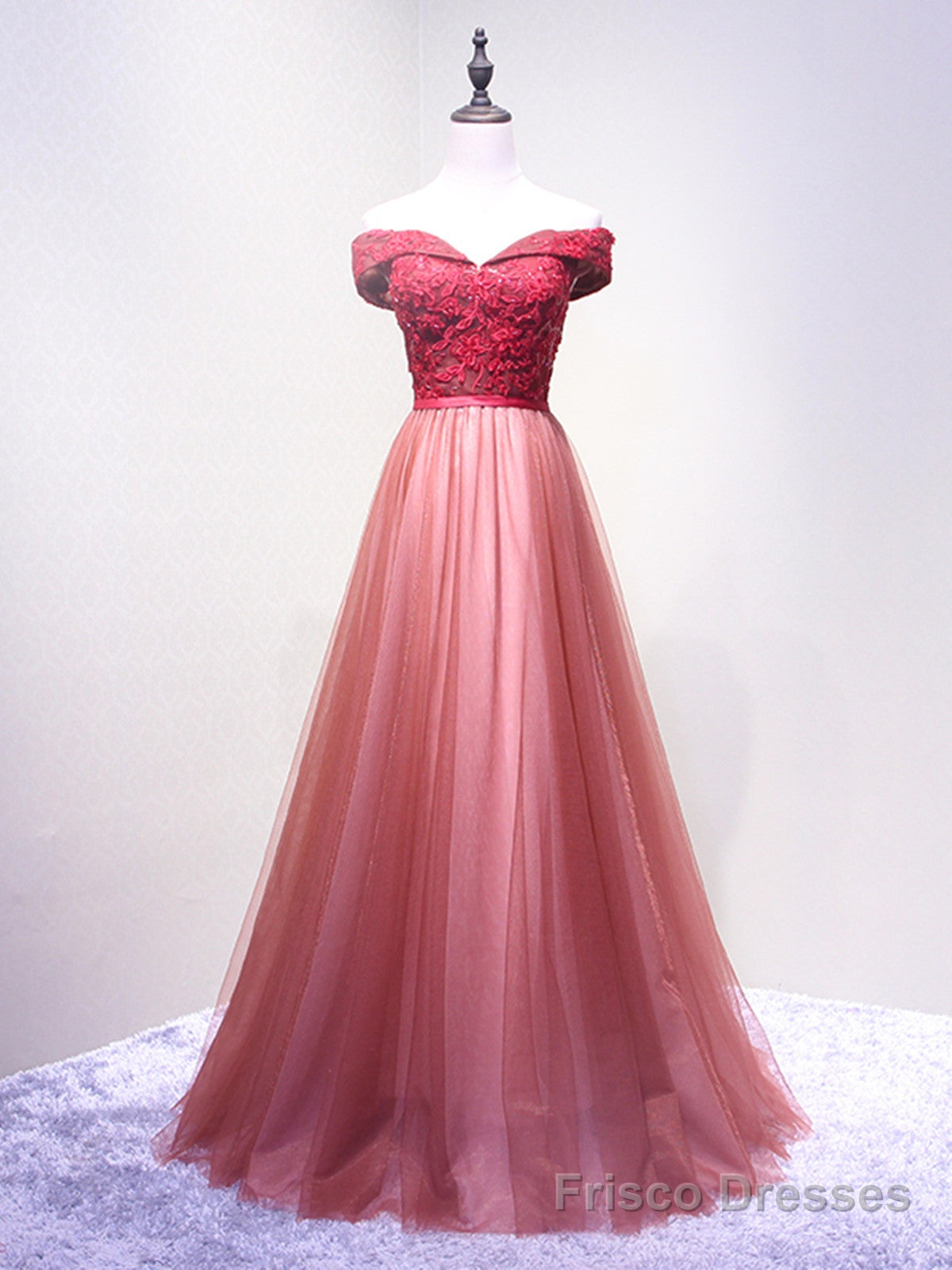 Off the Shoulder Burgundy Gray Lace Prom Dresses, Wine Red Grey Lace Formal Evening Dresses Main image