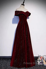 Off The Shoulder Burgundy Long Formal Prom Dress, Burgundy Off Shoulder Long Formal Evening Dress