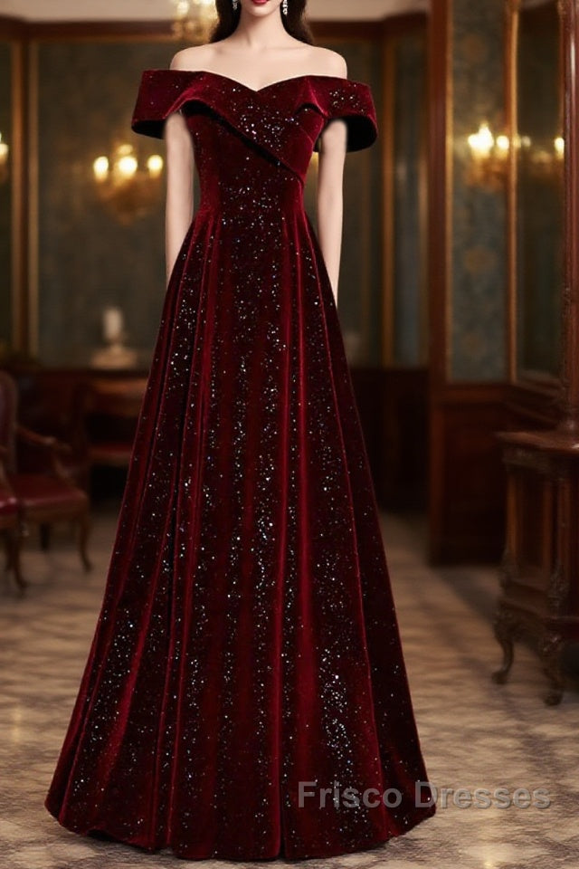 Off The Shoulder Burgundy Long Formal Prom Dress, Burgundy Off Shoulde