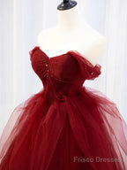 Off the Shoulder Burgundy Long Prom Dresses, Wine Red Long Formal Evening Dresses