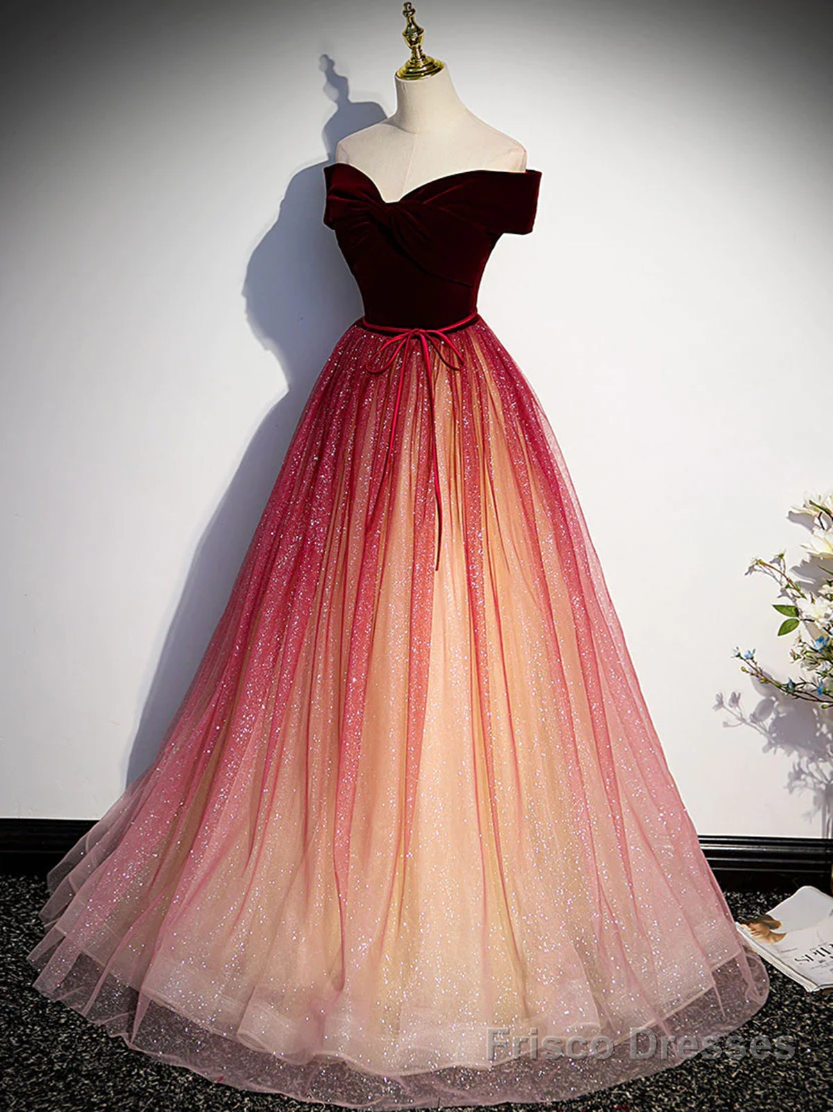 Off the Shoulder Burgundy Ombre Long Prom Dresses, Wine Red Ombre Long Formal Evening Dresses Main image