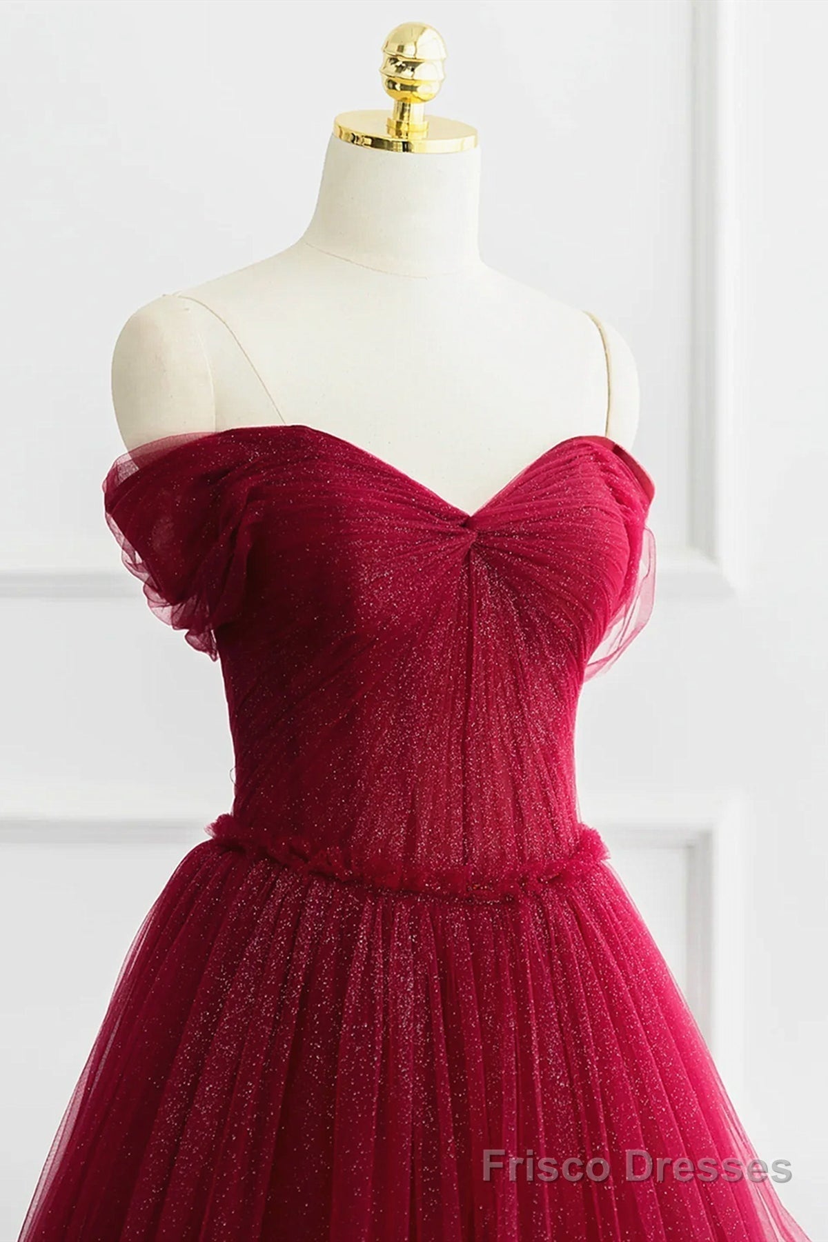 Off the Shoulder Burgundy Tulle Long Prom Dresses, Wine Red Long Tulle Formal Evening Dresses Secondary image