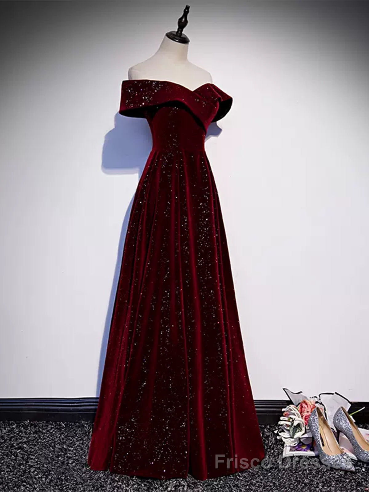 Off the Shoulder Burgundy Velvet Long Prom Dresses, Wine Red Long Formal Graduation Dresses Main image