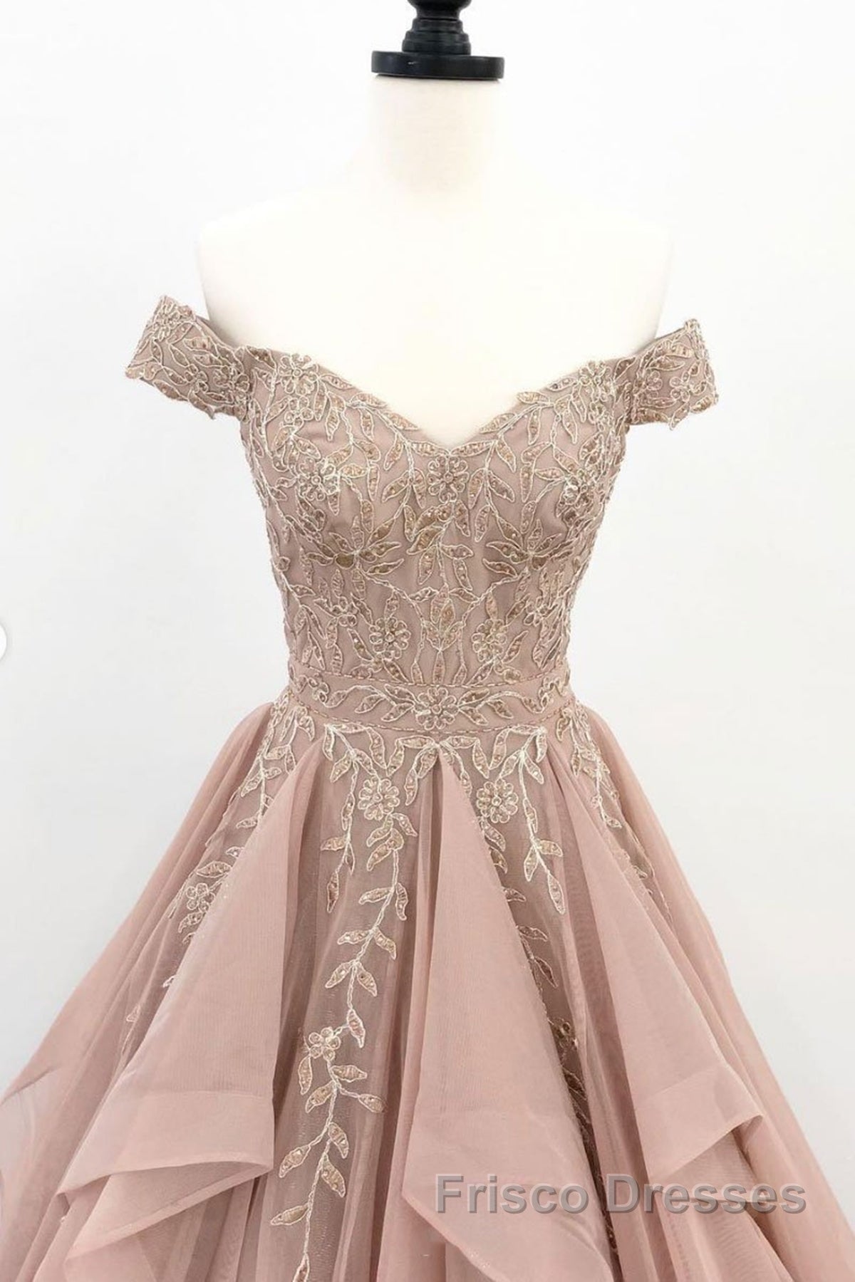 Off the Shoulder Champagne Lace Formal Prom Dresses, Off Shoulder Champagne Lace Formal Evening Dresses Secondary image