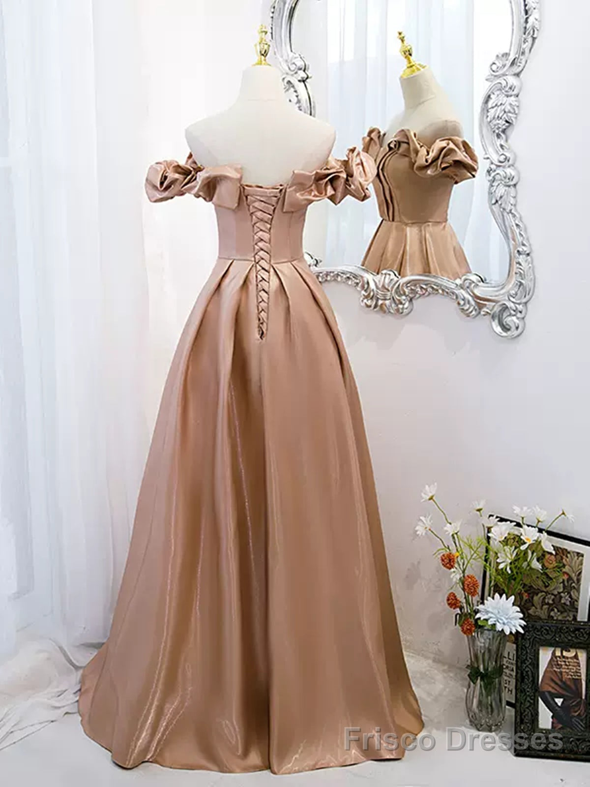 Off the Shoulder Champagne Satin Prom Dresses, Champagne Long Formal E Frisco Dresses Off the Shoulder Champagne Satin Prom Dresses, Champagne Long Formal E Frisco Dresses