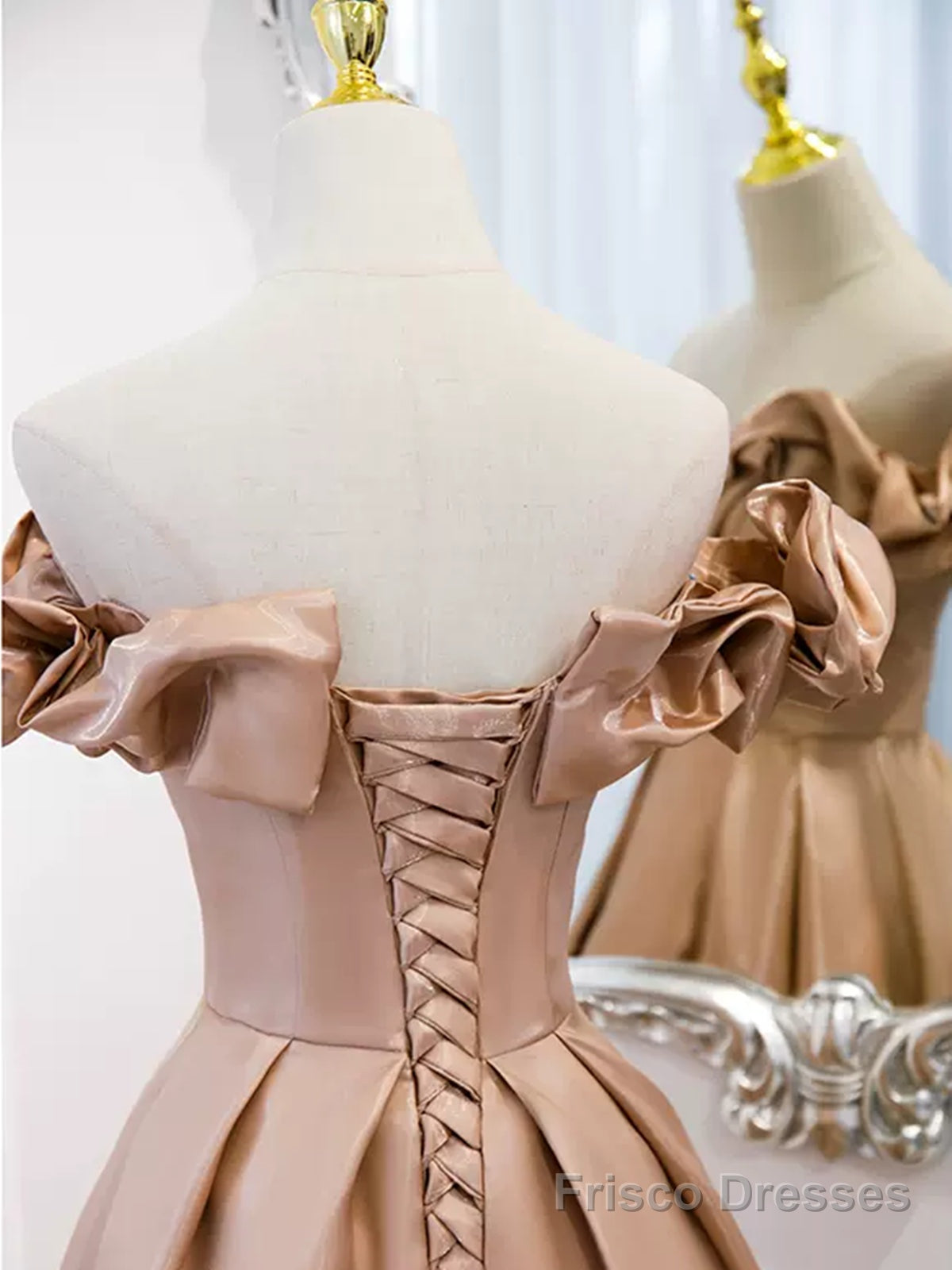 Off the Shoulder Champagne Satin Prom Dresses, Champagne Long Formal Evening Dresses