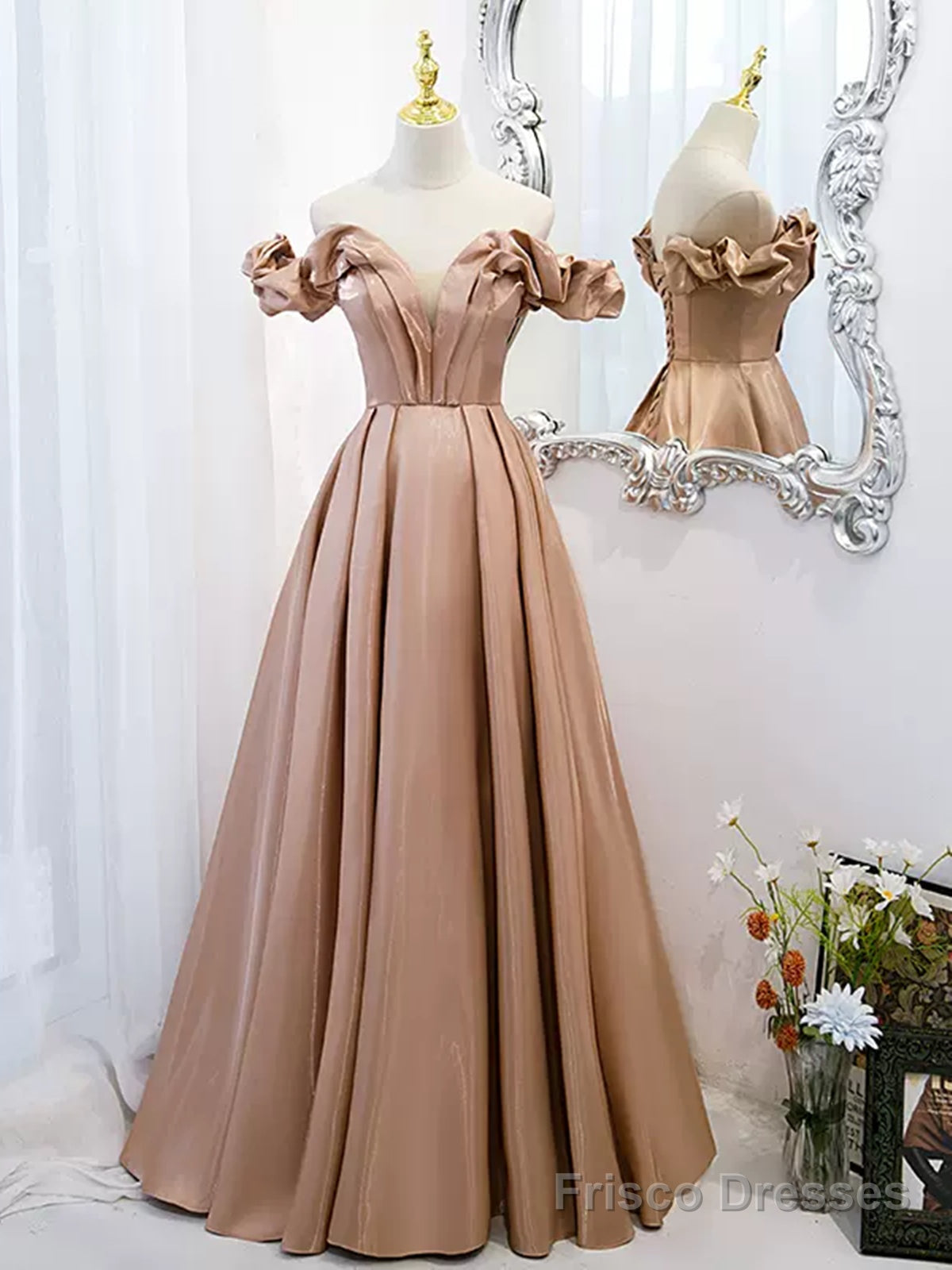 Off the Shoulder Champagne Satin Prom Dresses, Champagne Long Formal E Frisco Dresses Off the Shoulder Champagne Satin Prom Dresses, Champagne Long Formal E Frisco Dresses