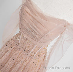 Off the Shoulder Champagne Tulle Long Prom Dresses, Champagne Beaded Tulle Formal Evening Dresses