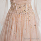 Off the Shoulder Champagne Tulle Long Prom Dresses, Champagne Beaded Tulle Formal Evening Dresses