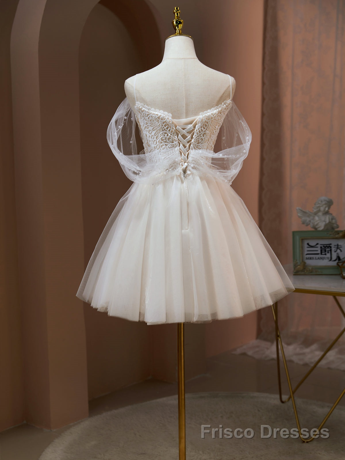 Off the Shoulder Champagne Tulle Prom Dress, Short Formal Homecoming Dress Secondary image