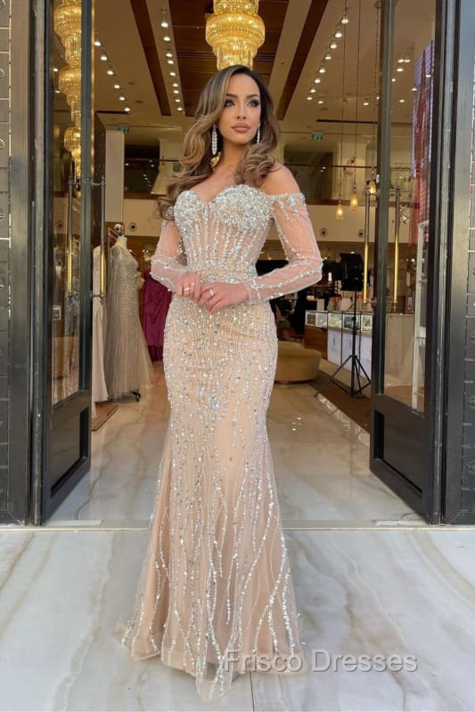 Off the shoulder Champange Long sleeves Sweetheart Sparkle Beaded Prom Dresses Main image