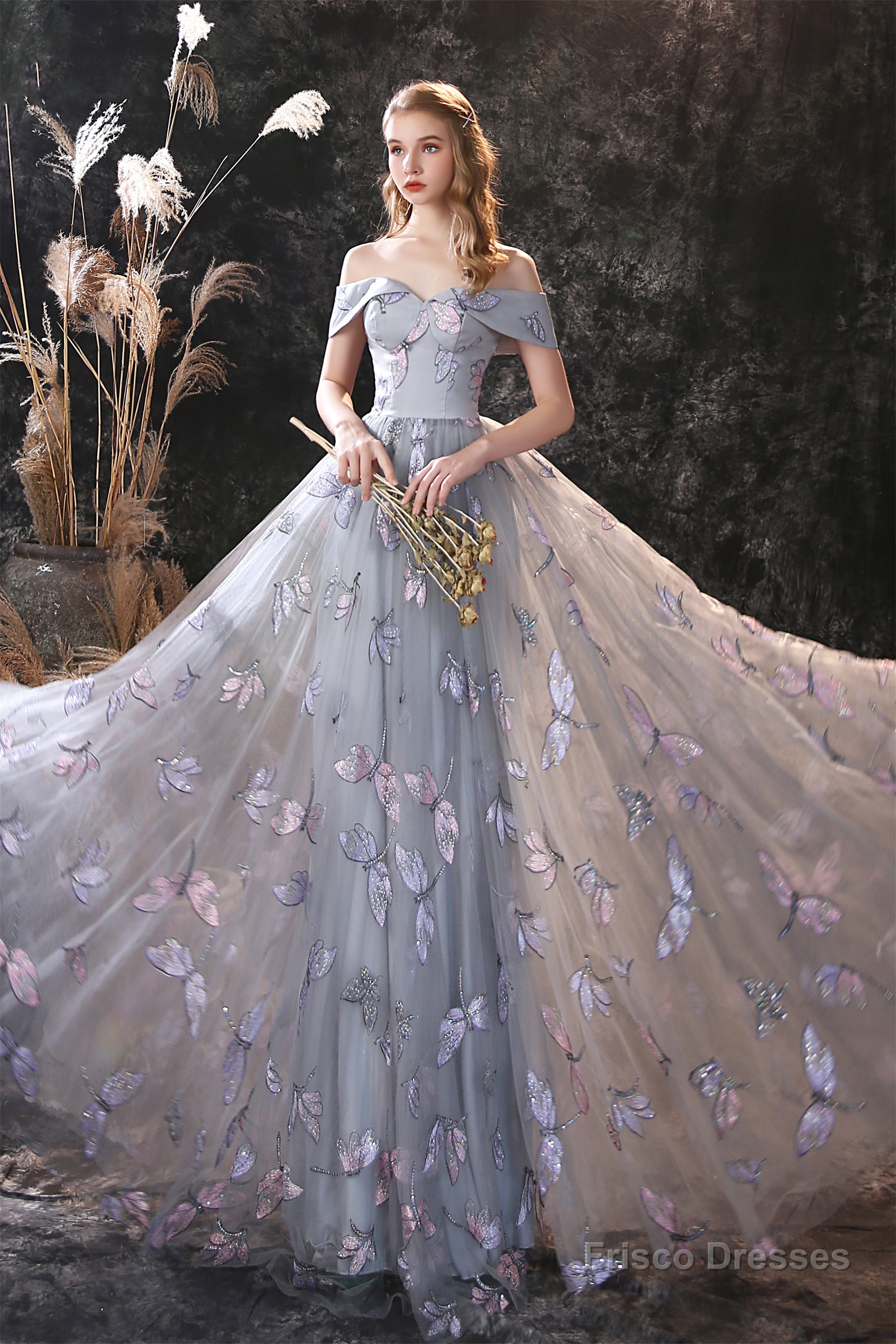 Off The Shoulder Dragonfly Lace Long Prom Dresses Secondary image