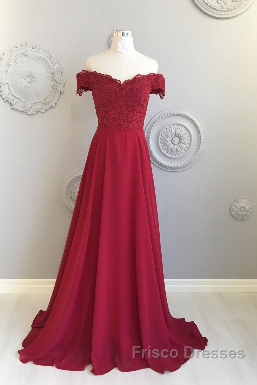 Off The Shoulder Floor Length Burgundy Lace Formal Prom Dress, Burgundy Off Shoulder Lace Bridesmaid Dress Secondary image