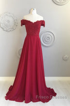 Off The Shoulder Floor Length Burgundy Lace Formal Prom Dress, Burgundy Off Shoulder Lace Bridesmaid Dress