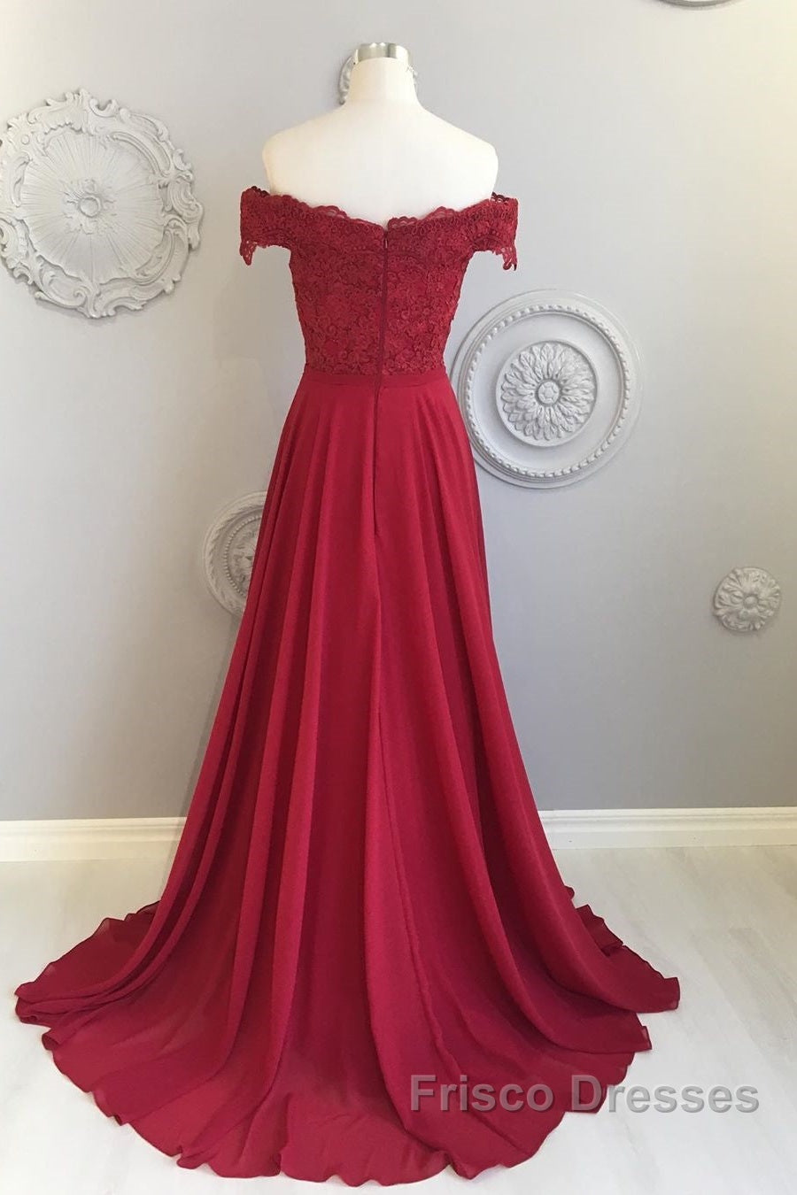 Off The Shoulder Floor Length Burgundy Lace Formal Prom Dress, Burgundy Off Shoulder Lace Bridesmaid Dress