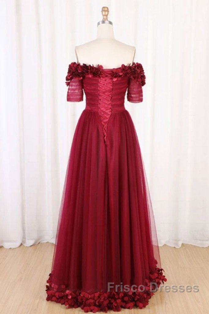 Off The Shoulder Flowers Burgundy Tulle Long Formal Prom Dress