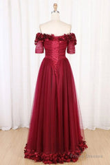 Off The Shoulder Flowers Burgundy Tulle Long Prom Dress