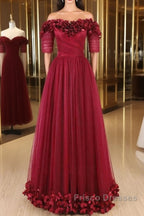 Off The Shoulder Flowers Burgundy Tulle Long Formal Prom Dress