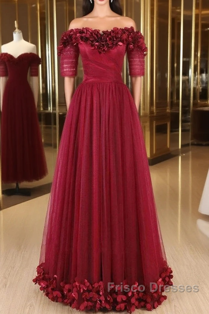 Off The Shoulder Flowers Burgundy Tulle Long Formal Prom Dress