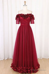 Off The Shoulder Flowers Burgundy Tulle Long Prom Dress