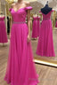 Off the Shoulder Fuchsia Long Formal Prom Dresses with Belt, Off Shoulder Fuchsia Formal Evening Dresses