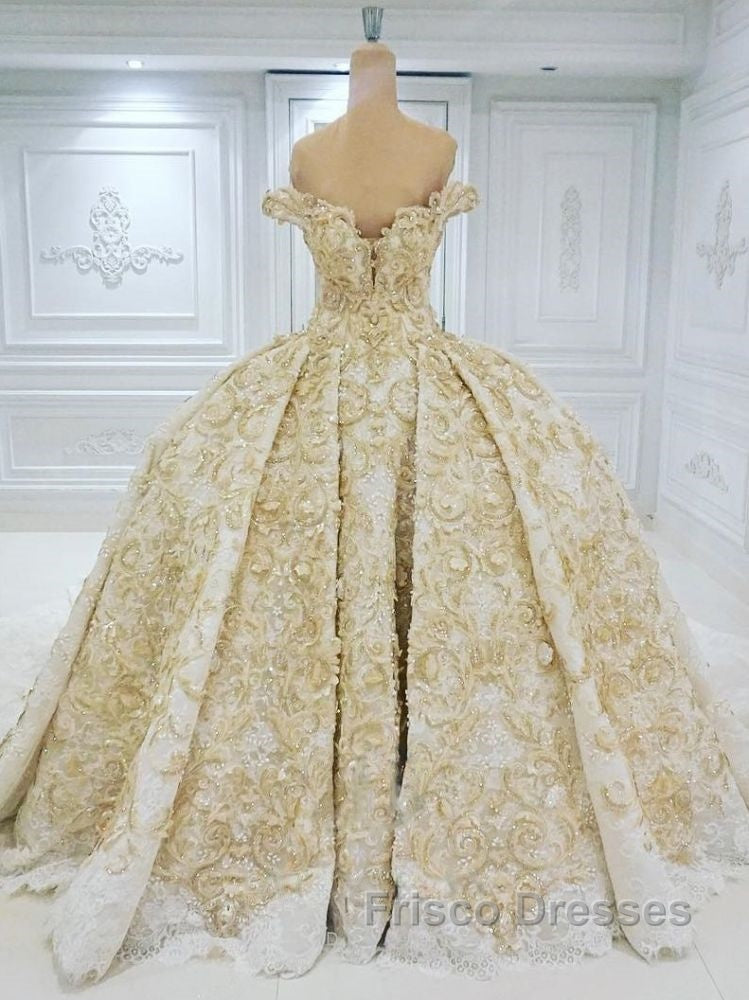 Off the shoulder Golden Lace Appliques Formal Ball Gown Wedding Dress