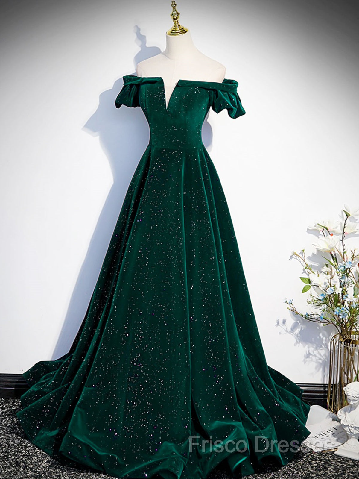 Off The Shoulder Green Black Long Formal Prom Dress, Off Shoulder Green Black Formal Dress