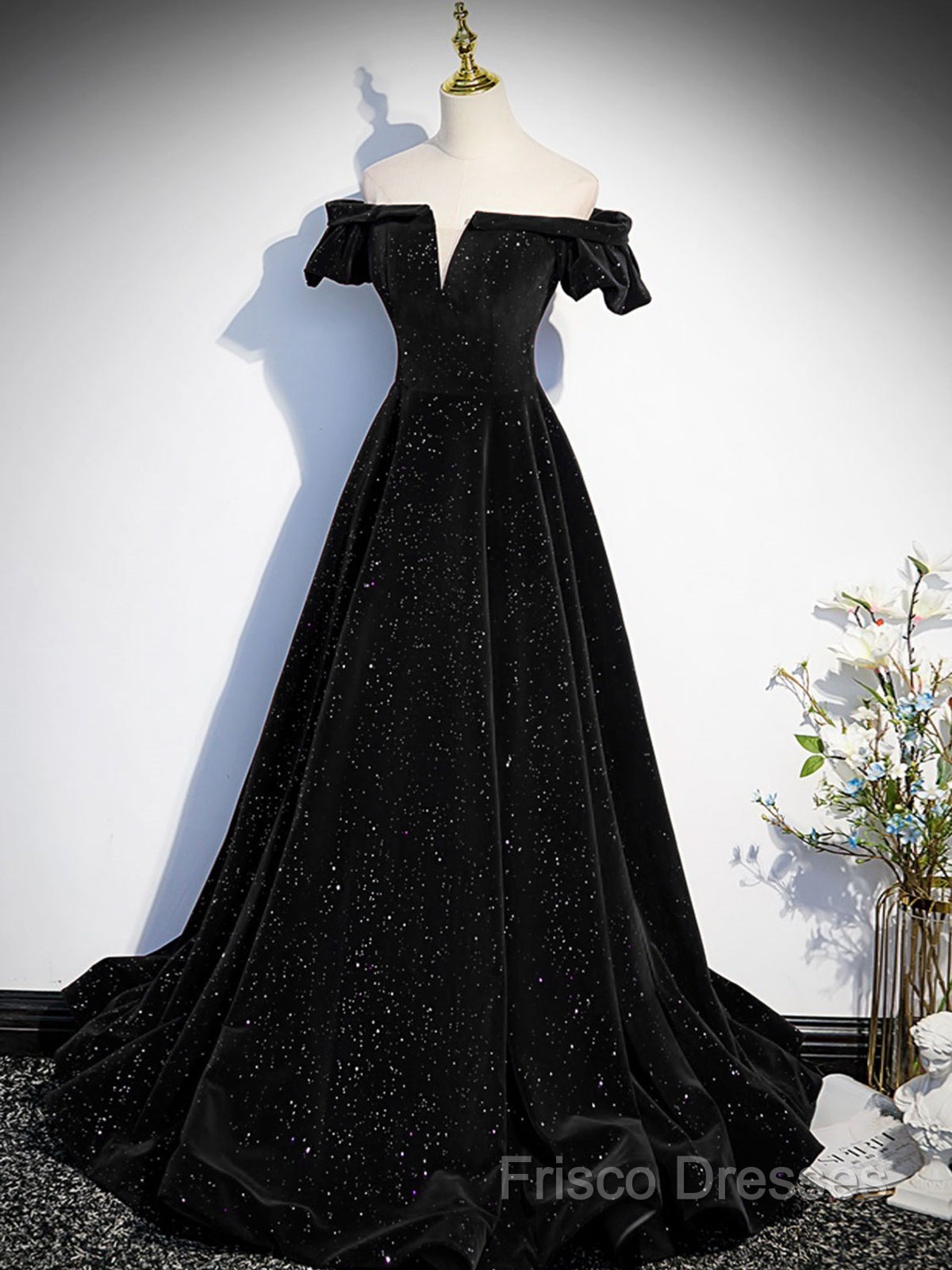 Off The Shoulder Green Black Long Formal Prom Dress, Off Shoulder Green Black Formal Dress