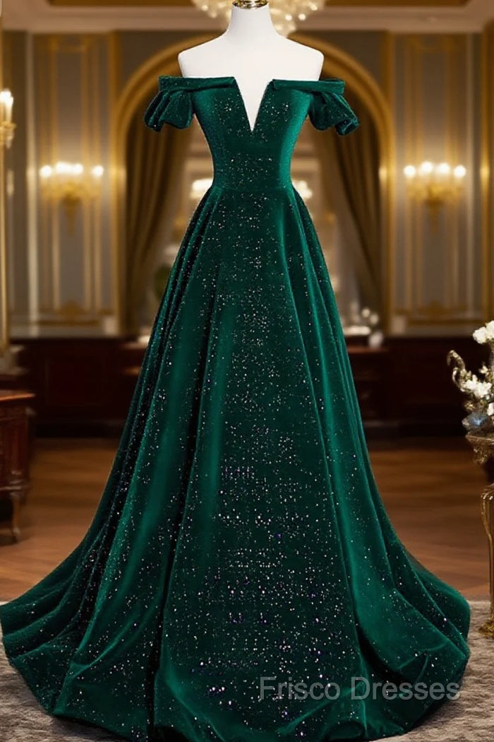 Off The Shoulder Green Black Long Formal Prom Dress, Off Shoulder Green Black Formal Dress Main image