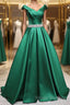 Off the Shoulder Green Long Formal Prom Dresses with Corset Back, Off Shoulder Long Green Formal Evening Dresses