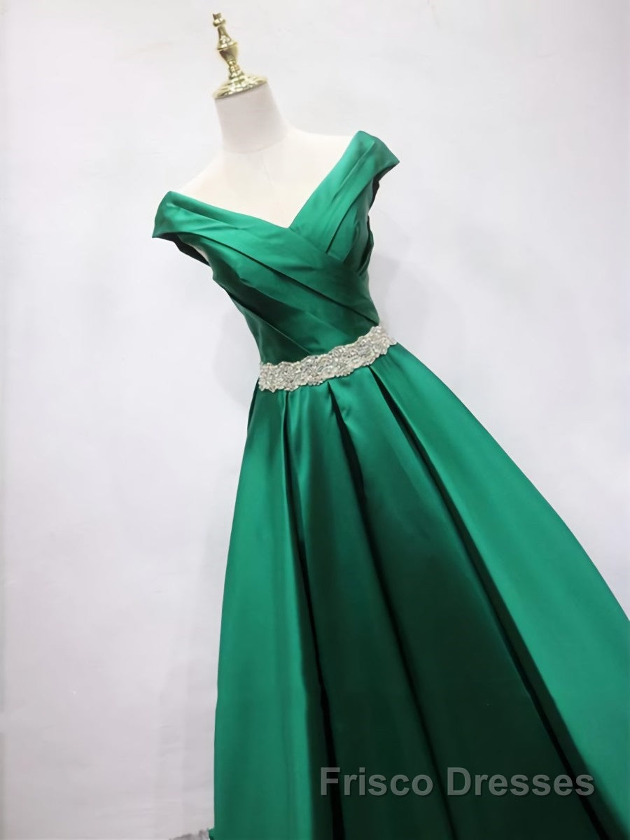 Off the Shoulder Green Long Formal Prom Dresses with Corset Back, Off Shoulder Long Green Formal Evening Dresses