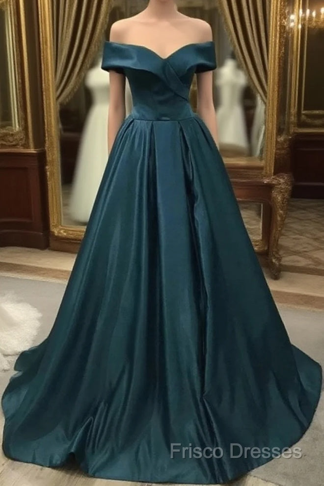 Off The Shoulder Green Long Satin Formal Prom Dress