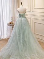 Off The Shoulder Green Tulle Long Formal Prom Dress