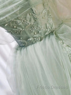 Off The Shoulder Green Tulle Long Formal Prom Dress, Green Long Formal Evening Dress