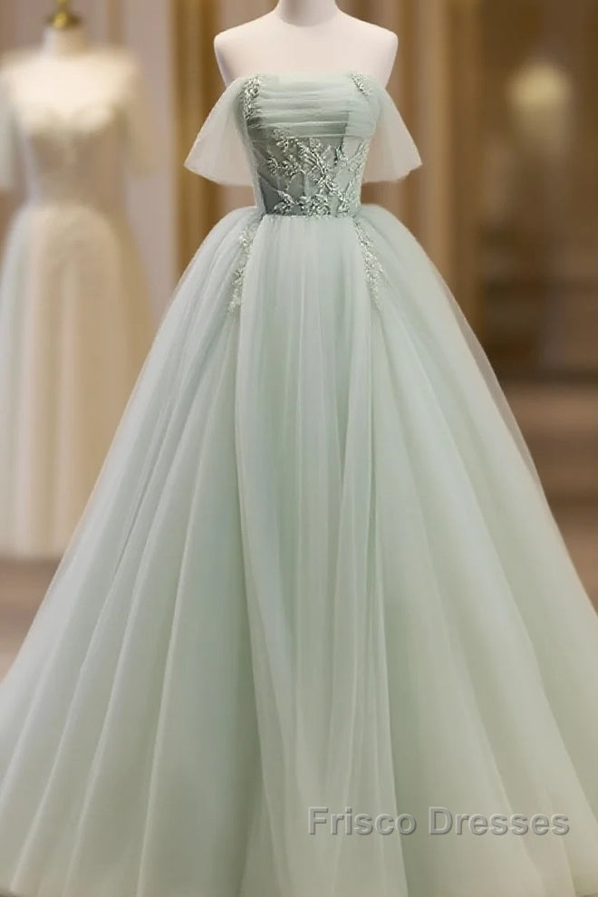 Off The Shoulder Green Tulle Long Formal Prom Dress, Green Long Formal Evening Dress Main image