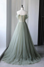 Off the Shoulder Green Tulle Long Formal Prom Dresses, Green Tulle Off Shoulder Formal Evening Dresses