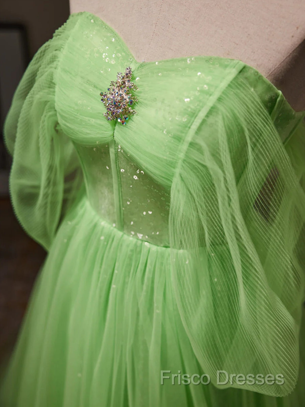 Off The Shoulder Green Tulle Long Formal Prom Dress, Off Shoulder Green Long Formal Graduation Dress Secondary image