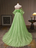 Off The Shoulder Green Tulle Long Formal Prom Dress, Off Shoulder Green Long Formal Graduation Dress
