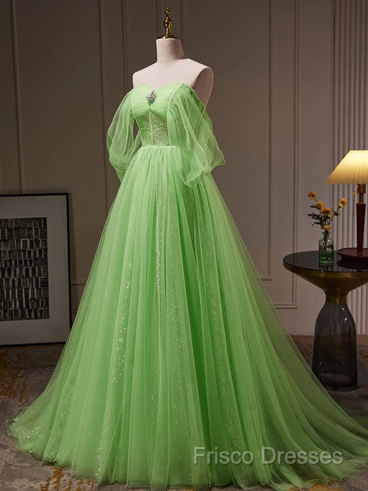 Off The Shoulder Green Tulle Long Formal Prom Dress, Off Shoulder Green Long Formal Graduation Dress