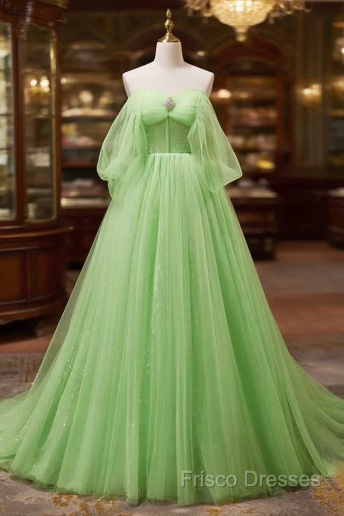 Off The Shoulder Green Tulle Long Formal Prom Dress, Off Shoulder Green Long Formal Graduation Dress Main image