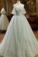 Off The Shoulder Green Tulle Long Formal Prom Dress